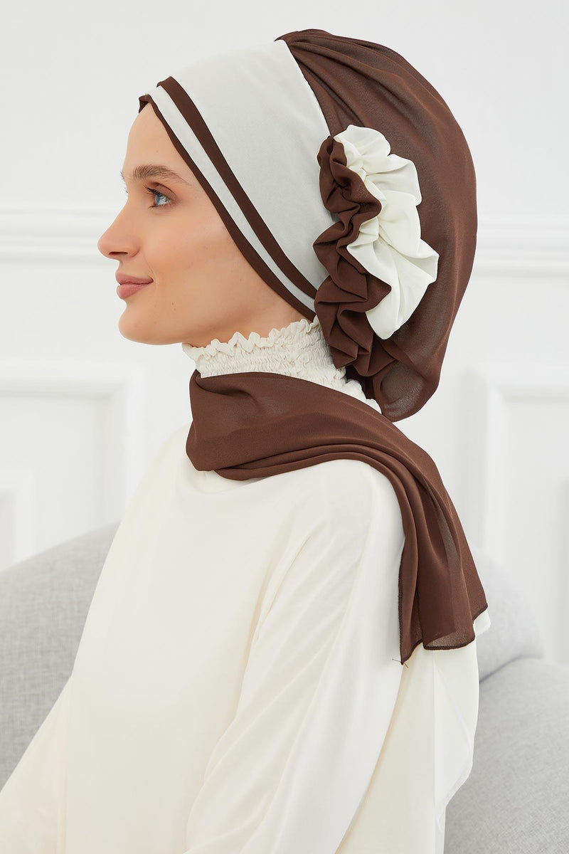 Multicolor Instant Turban Cotton Scarf Head Turbans with Unique Accessories For Women Headwear Stylish Elegant Design,HT-86 Brown - Ivory