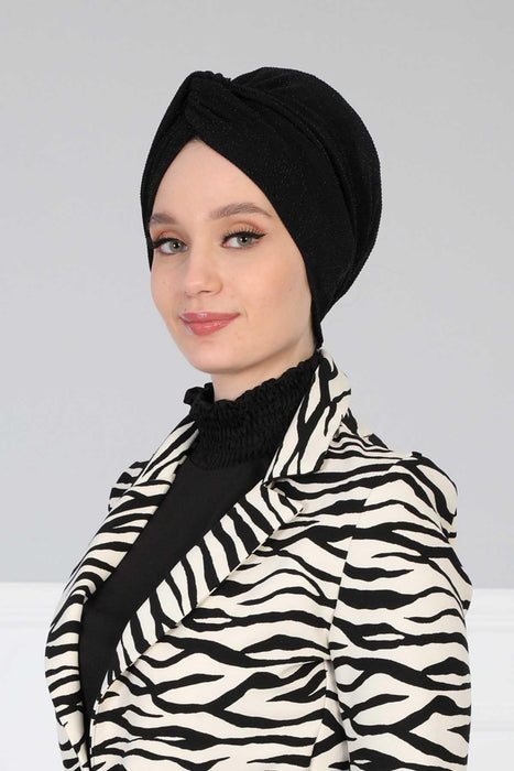 Maharajah Black Sparkle Instant Turban Hijab, Fashionable Synthetic Stretchable Pre-Tied Headwrap for Women, Lightweight Modest Bonnet,B-4B