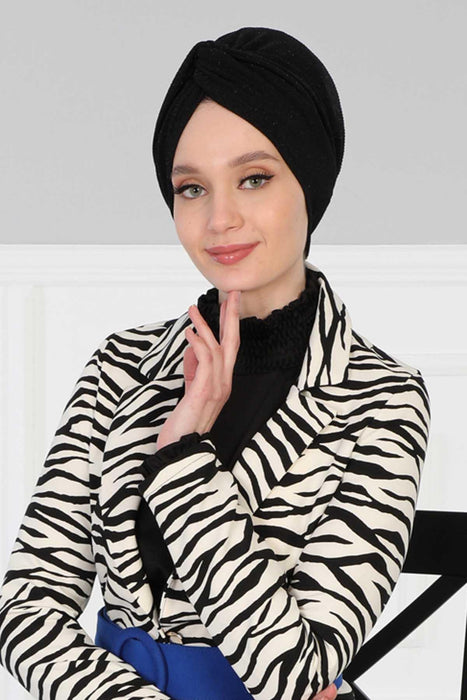 Maharajah Black Sparkle Instant Turban Hijab, Fashionable Synthetic Stretchable Pre-Tied Headwrap for Women, Lightweight Modest Bonnet,B-4B