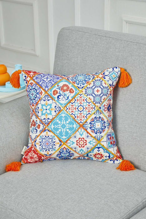 Multicolor Moroccan Tile-Inspired Pillow Cover with Orange Tassels, 18x18 Inches Eclectic Mosaic Cushion Case for Unique Home Decor,K-362
