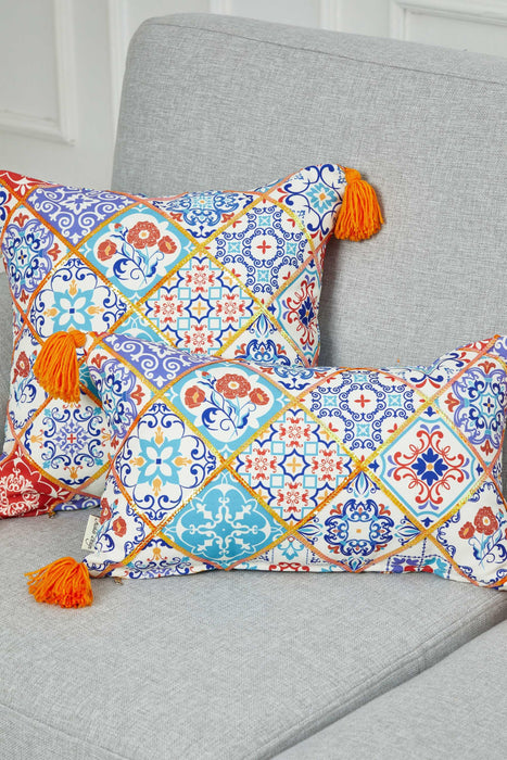 غطاء وسادة متعدد الألوان مستوحى من البلاط المغربي مع شرابات برتقالية، غطاء وسادة فسيفساء انتقائي مقاس 18 × 18 بوصة لديكور منزلي فريد، K-362