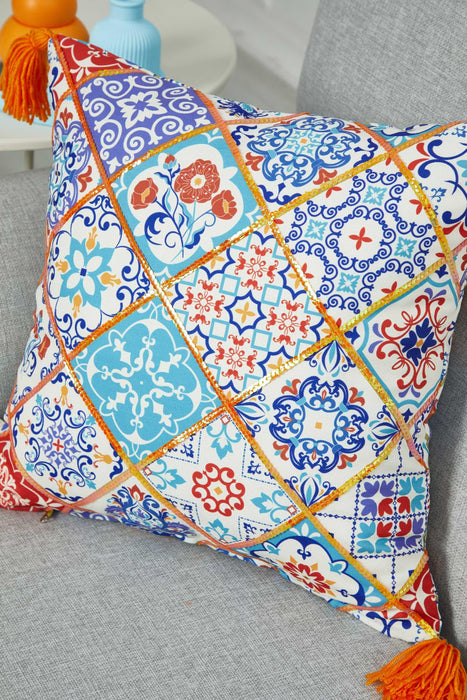 Multicolor Moroccan Tile-Inspired Pillow Cover with Orange Tassels, 18x18 Inches Eclectic Mosaic Cushion Case for Unique Home Decor,K-362