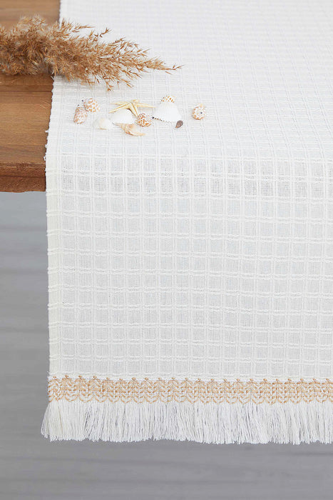 Natural Cotton Table Runner with Textured Weave and Tassel Trim, Handmade 36x16 Inches Chic Plain Table Runner, Modern Table Decoration,R-60
