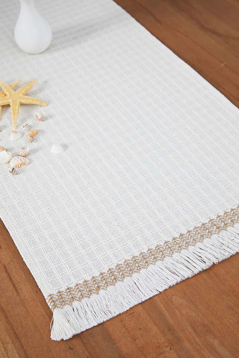 Natural Cotton Table Runner with Textured Weave and Tassel Trim, Handmade 36x16 Inches Chic Plain Table Runner, Modern Table Decoration,R-60