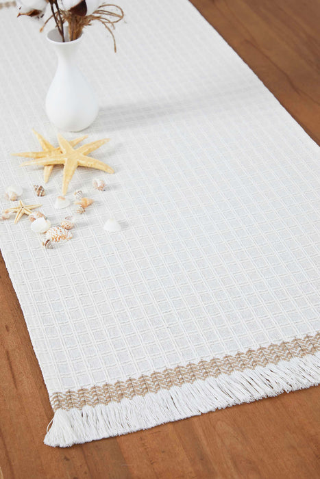 Natural Cotton Table Runner with Textured Weave and Tassel Trim, Handmade 36x16 Inches Chic Plain Table Runner, Modern Table Decoration,R-60