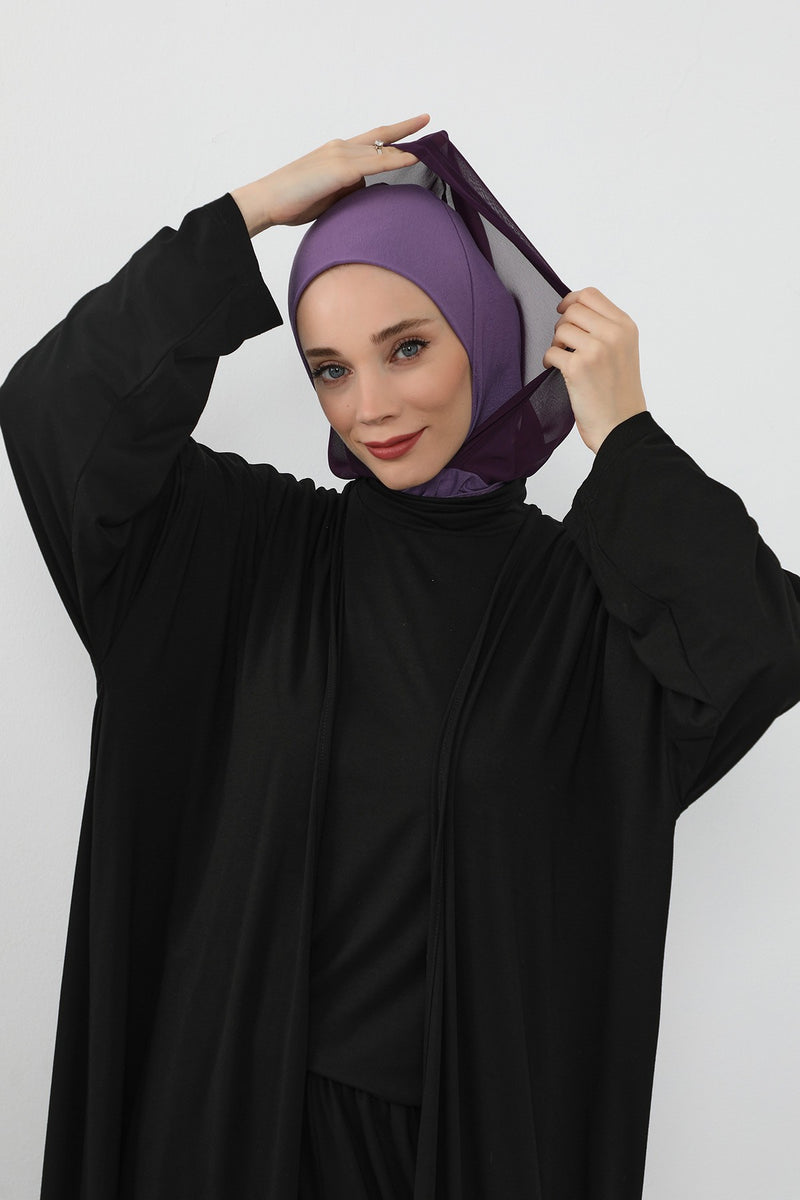 Neck-Covering Jersey Bonnet with Chiffon Hood, Full-Coverage Bonnet with Lightweight Chiffon Hood,B-95