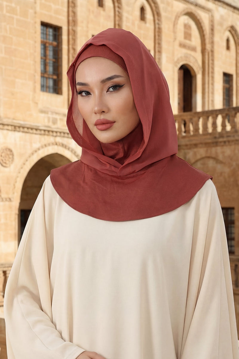 Neck-Covering Jersey Bonnet with Chiffon Hood, Full-Coverage Bonnet with Lightweight Chiffon Hood,B-95