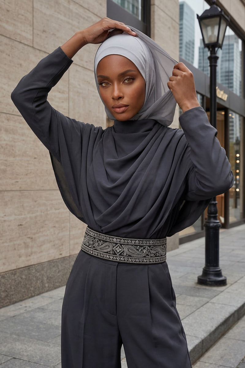 Neck-Covering Jersey Bonnet with Chiffon Hood, Full-Coverage Bonnet with Lightweight Chiffon Hood,B-95