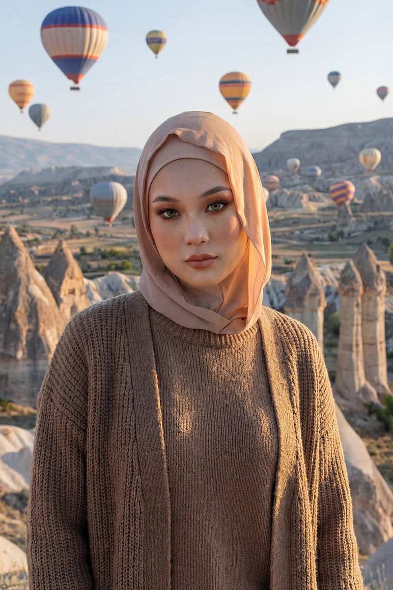 Neck-Covering Jersey Bonnet with Chiffon Hood, Full-Coverage Bonnet with Lightweight Chiffon Hood,B-95
