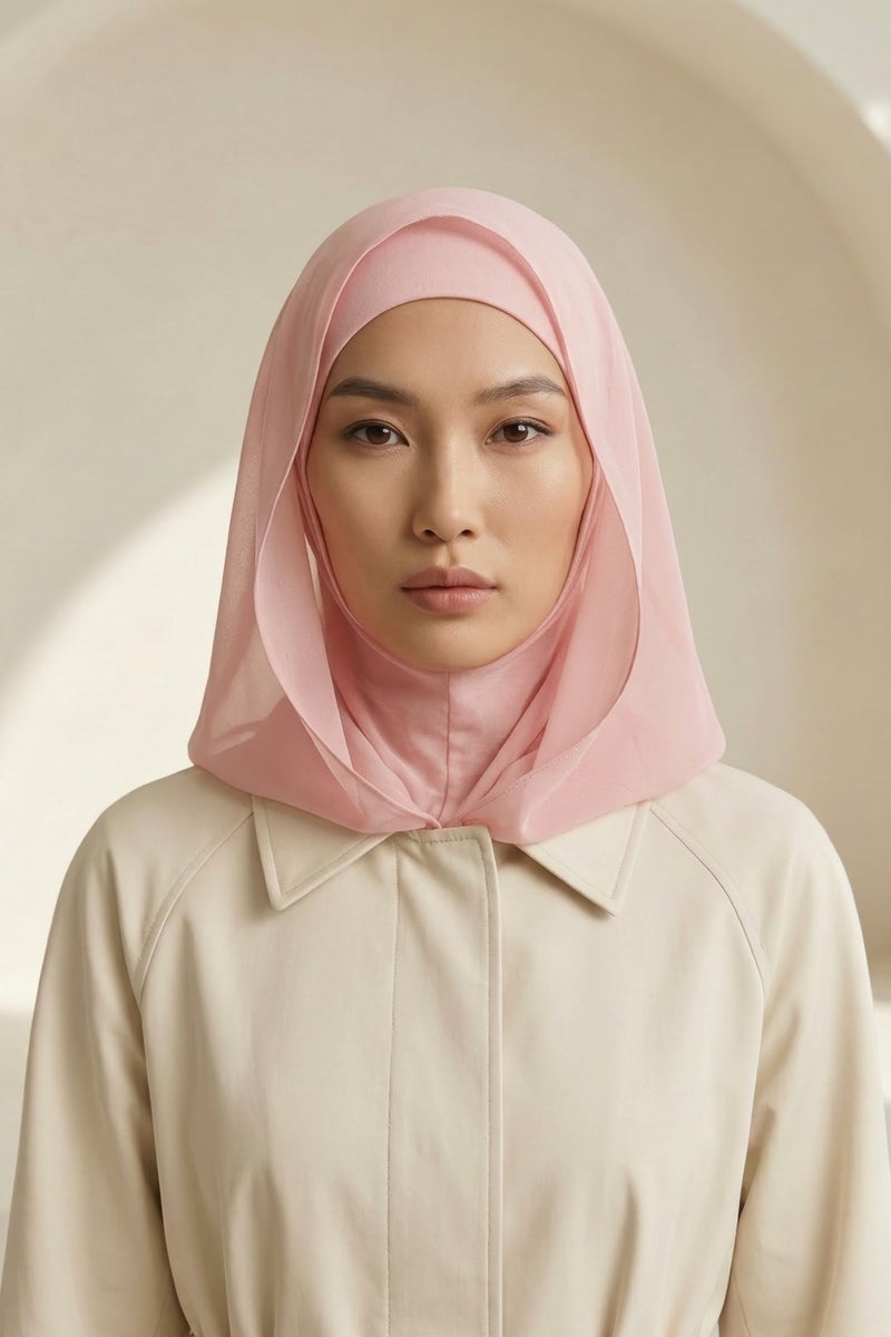 Neck-Covering Jersey Bonnet with Chiffon Hood, Full-Coverage Bonnet with Lightweight Chiffon Hood,B-95