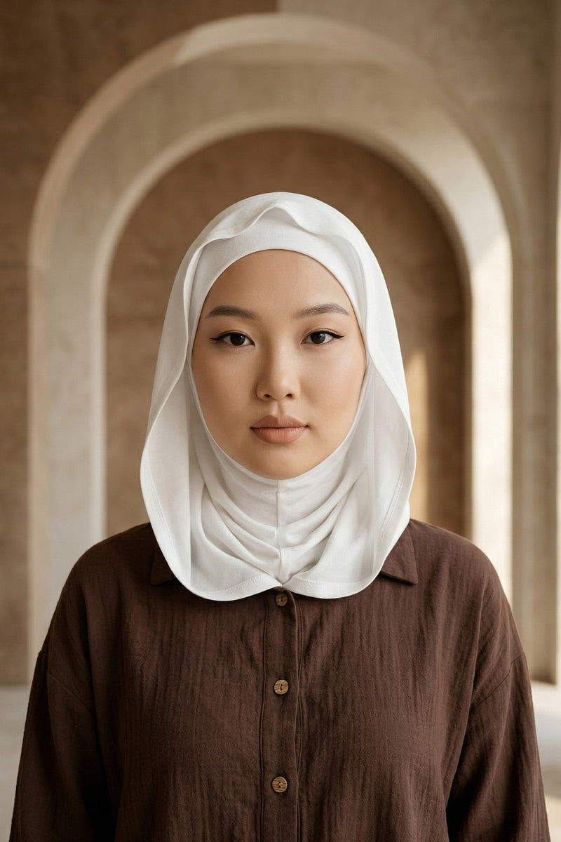 Neck-Covering Jersey Bonnet with Chiffon Hood, Full-Coverage Bonnet with Lightweight Chiffon Hood,B-95