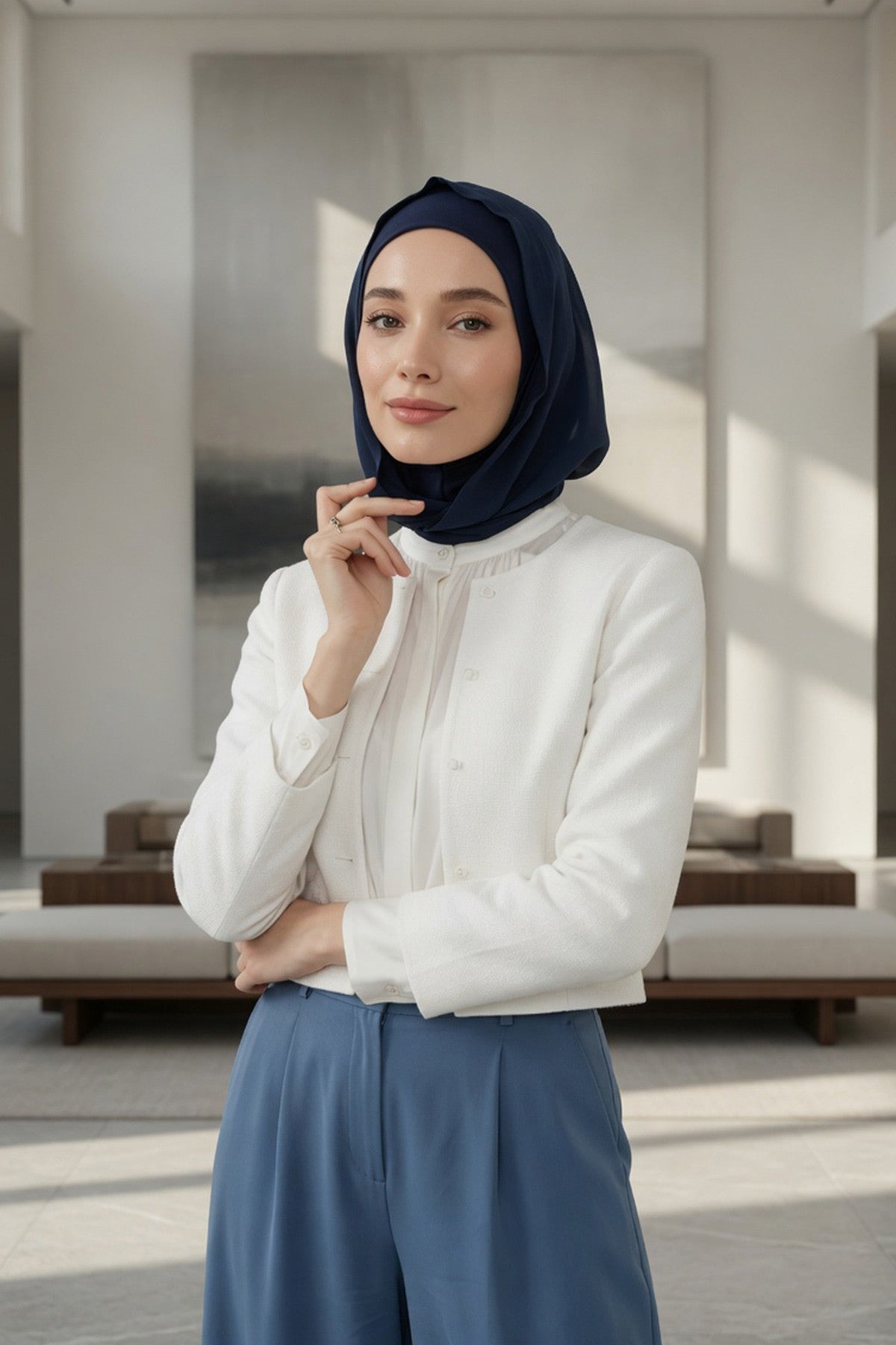 Neck-Covering Jersey Bonnet with Chiffon Hood, Full-Coverage Bonnet with Lightweight Chiffon Hood,B-95 Navy Blue