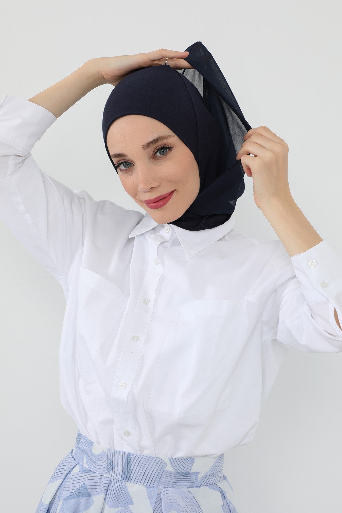 Neck-Covering Jersey Bonnet with Chiffon Hood, Full-Coverage Bonnet with Lightweight Chiffon Hood,B-95 Navy Blue