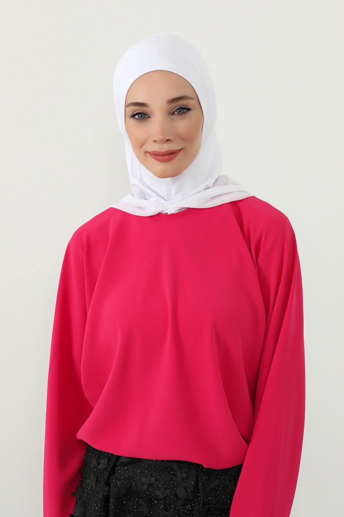 Neck-Covering Jersey Bonnet with Chiffon Hood, Full-Coverage Bonnet with Lightweight Chiffon Hood,B-95 White