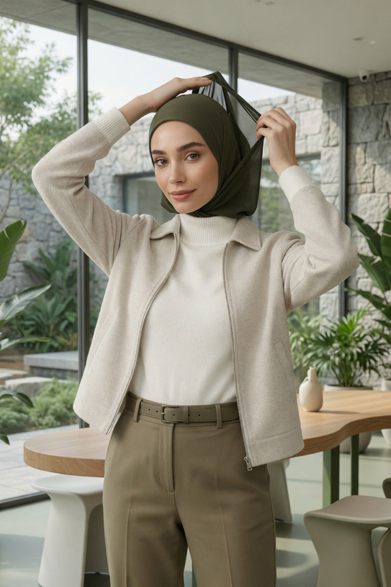Neck-Covering Jersey Bonnet with Chiffon Hood, Full-Coverage Bonnet with Lightweight Chiffon Hood,B-95
