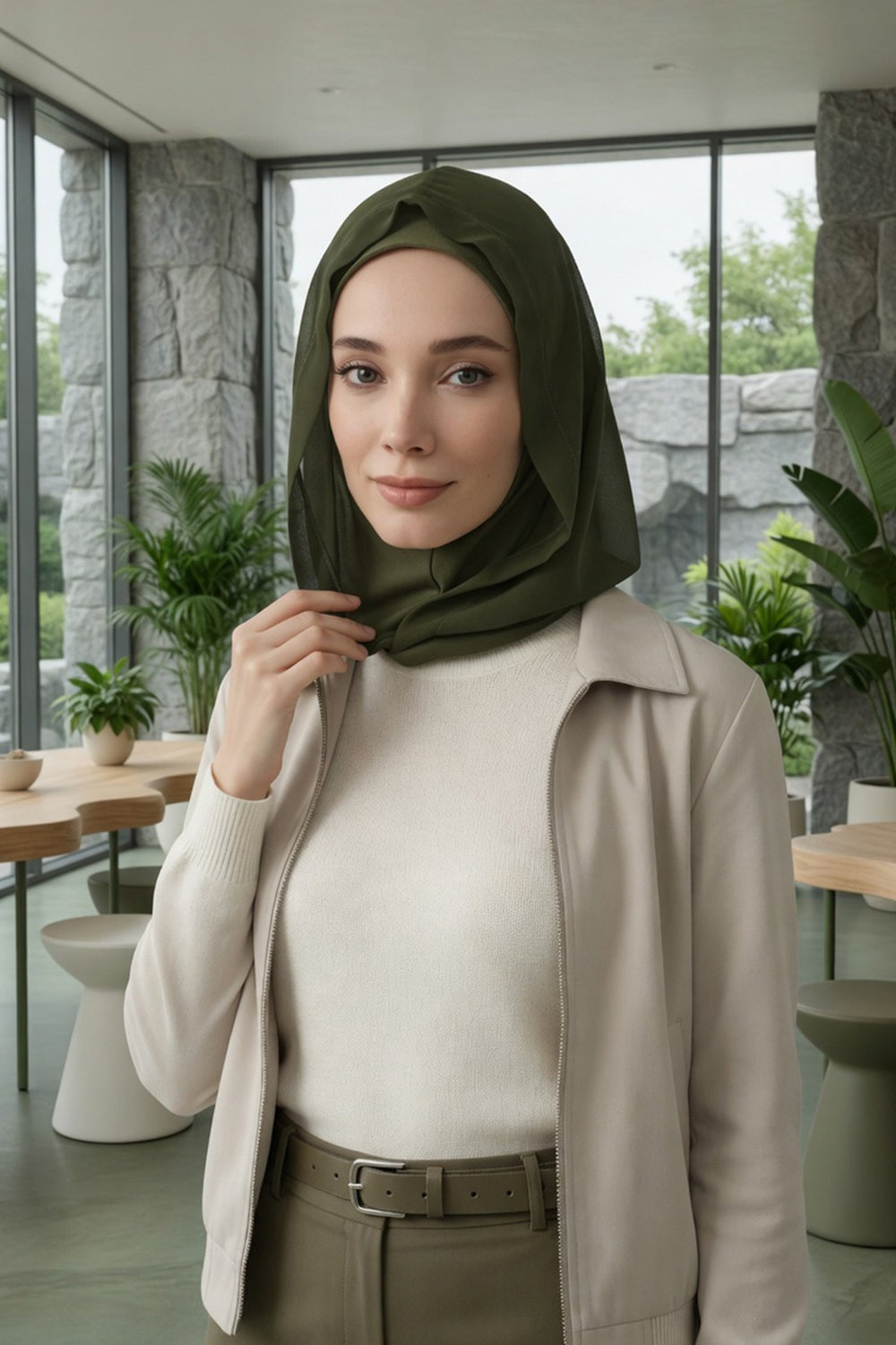 Neck-Covering Jersey Bonnet with Chiffon Hood, Full-Coverage Bonnet with Lightweight Chiffon Hood,B-95 Army Green