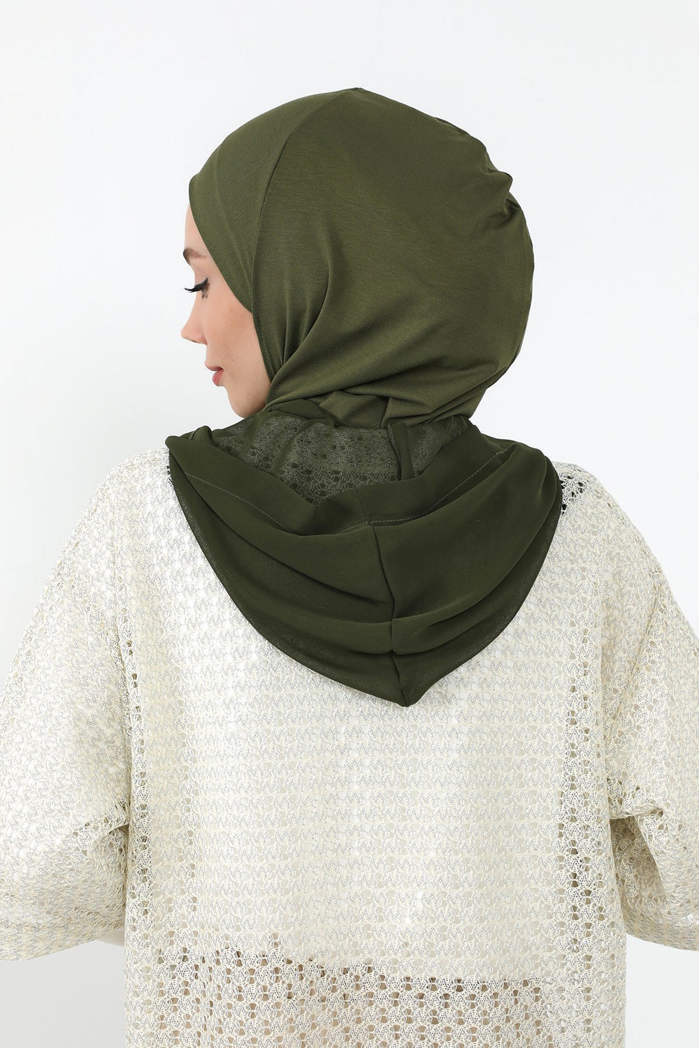 Neck-Covering Jersey Bonnet with Chiffon Hood, Full-Coverage Bonnet with Lightweight Chiffon Hood,B-95 Army Green