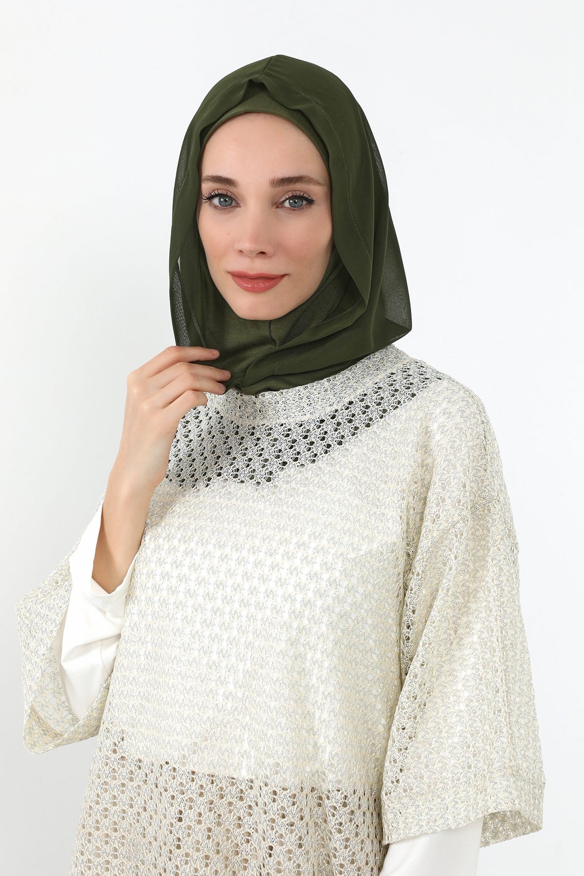 Neck-Covering Jersey Bonnet with Chiffon Hood, Full-Coverage Bonnet with Lightweight Chiffon Hood,B-95 Army Green