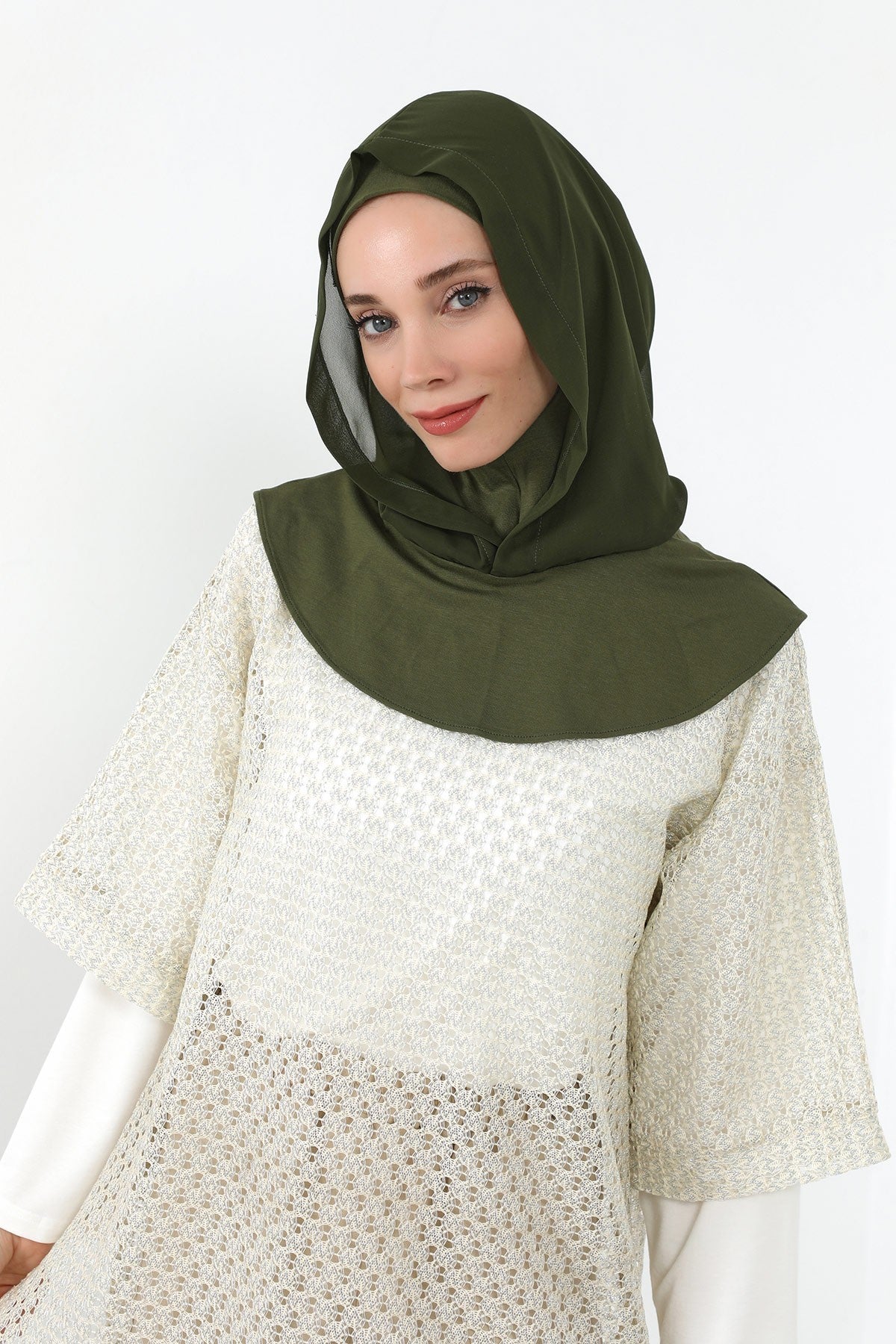 Neck-Covering Jersey Bonnet with Chiffon Hood, Full-Coverage Bonnet with Lightweight Chiffon Hood,B-95 Army Green
