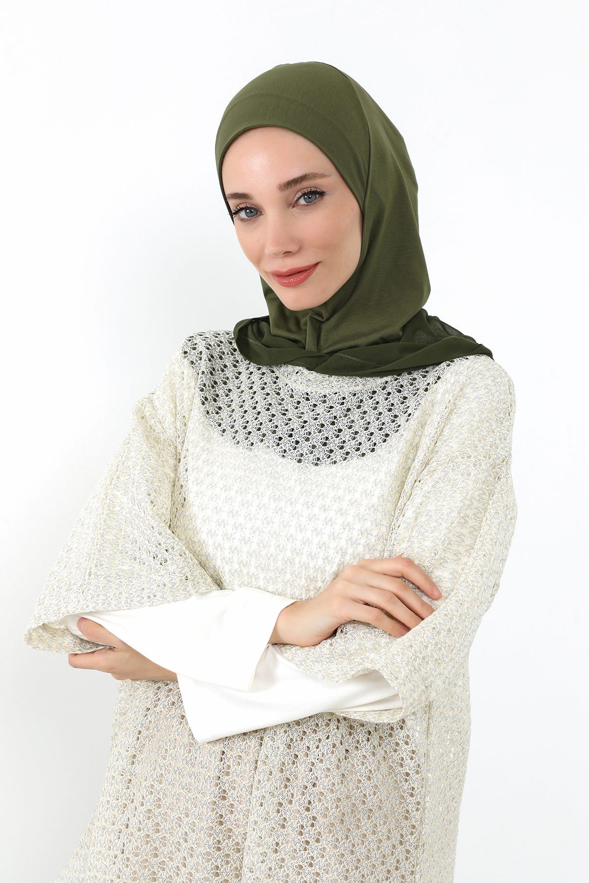 Neck-Covering Jersey Bonnet with Chiffon Hood, Full-Coverage Bonnet with Lightweight Chiffon Hood,B-95 Army Green