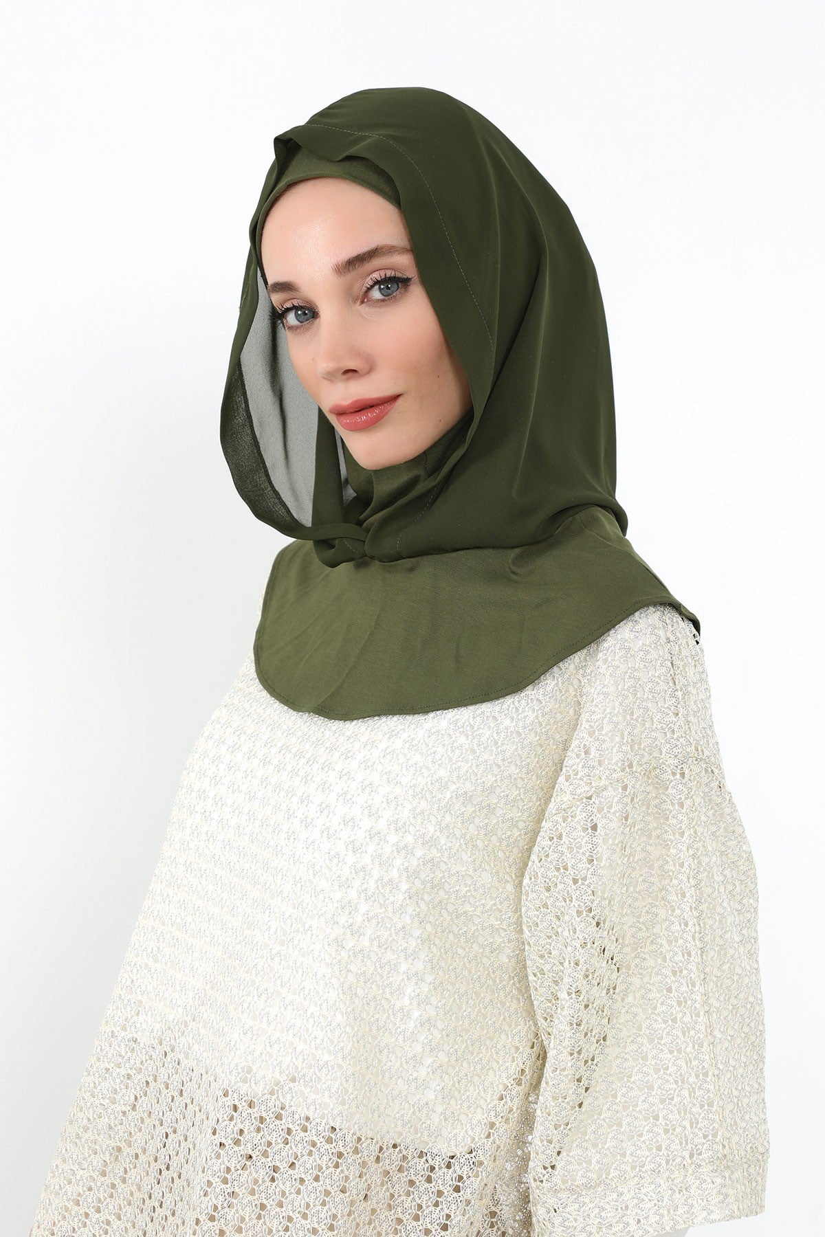 Neck-Covering Jersey Bonnet with Chiffon Hood, Full-Coverage Bonnet with Lightweight Chiffon Hood,B-95 Army Green