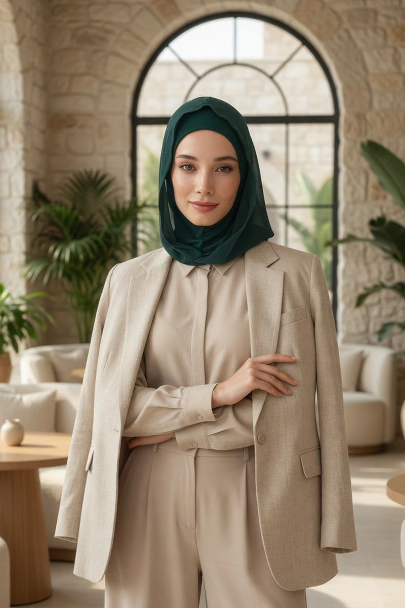 Neck-Covering Jersey Bonnet with Chiffon Hood, Full-Coverage Bonnet with Lightweight Chiffon Hood,B-95