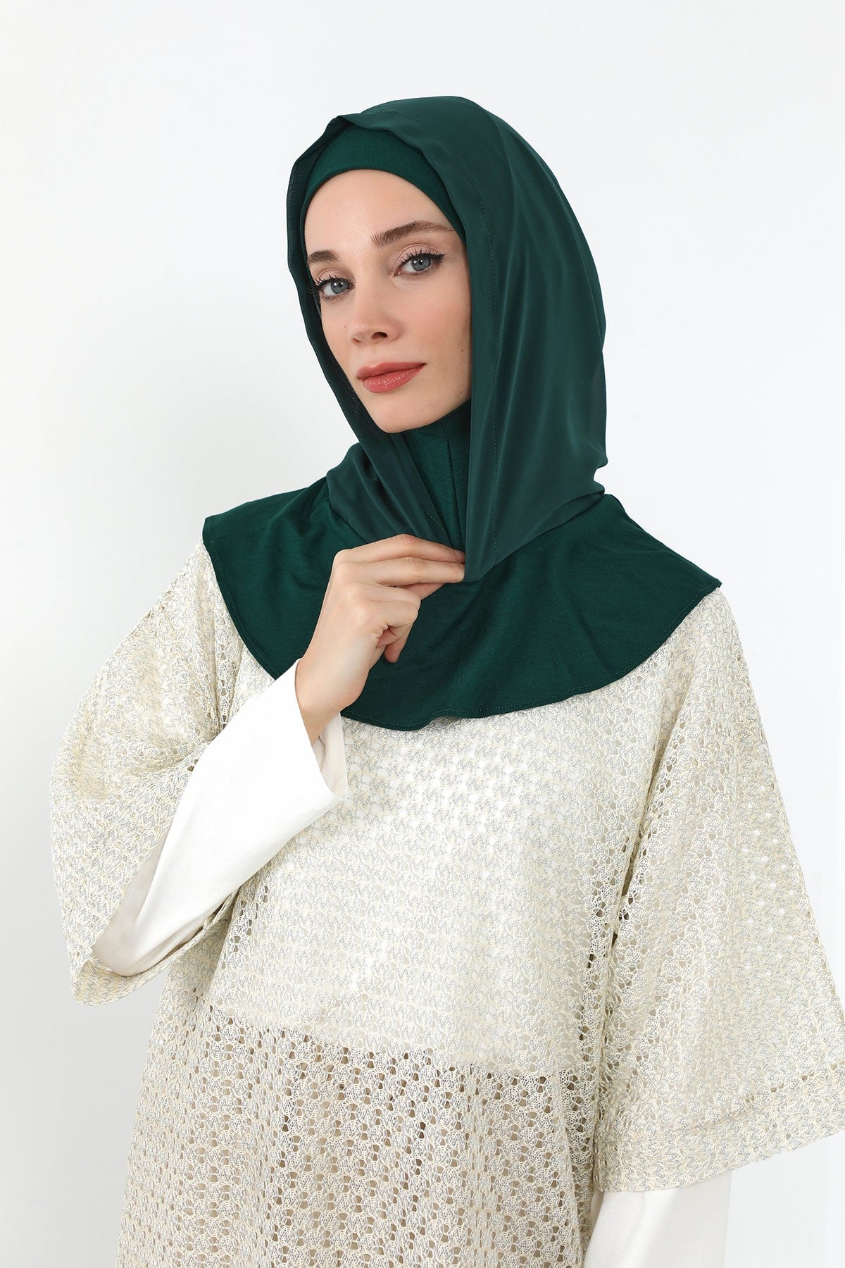 Neck-Covering Jersey Bonnet with Chiffon Hood, Full-Coverage Bonnet with Lightweight Chiffon Hood,B-95 Dark Green
