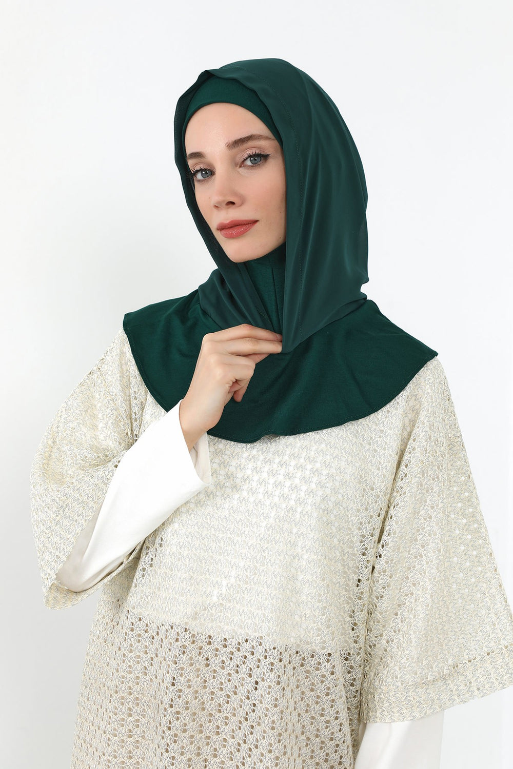 Neck-Covering Jersey Bonnet with Chiffon Hood, Full-Coverage Bonnet with Lightweight Chiffon Hood,B-95 Dark Green
