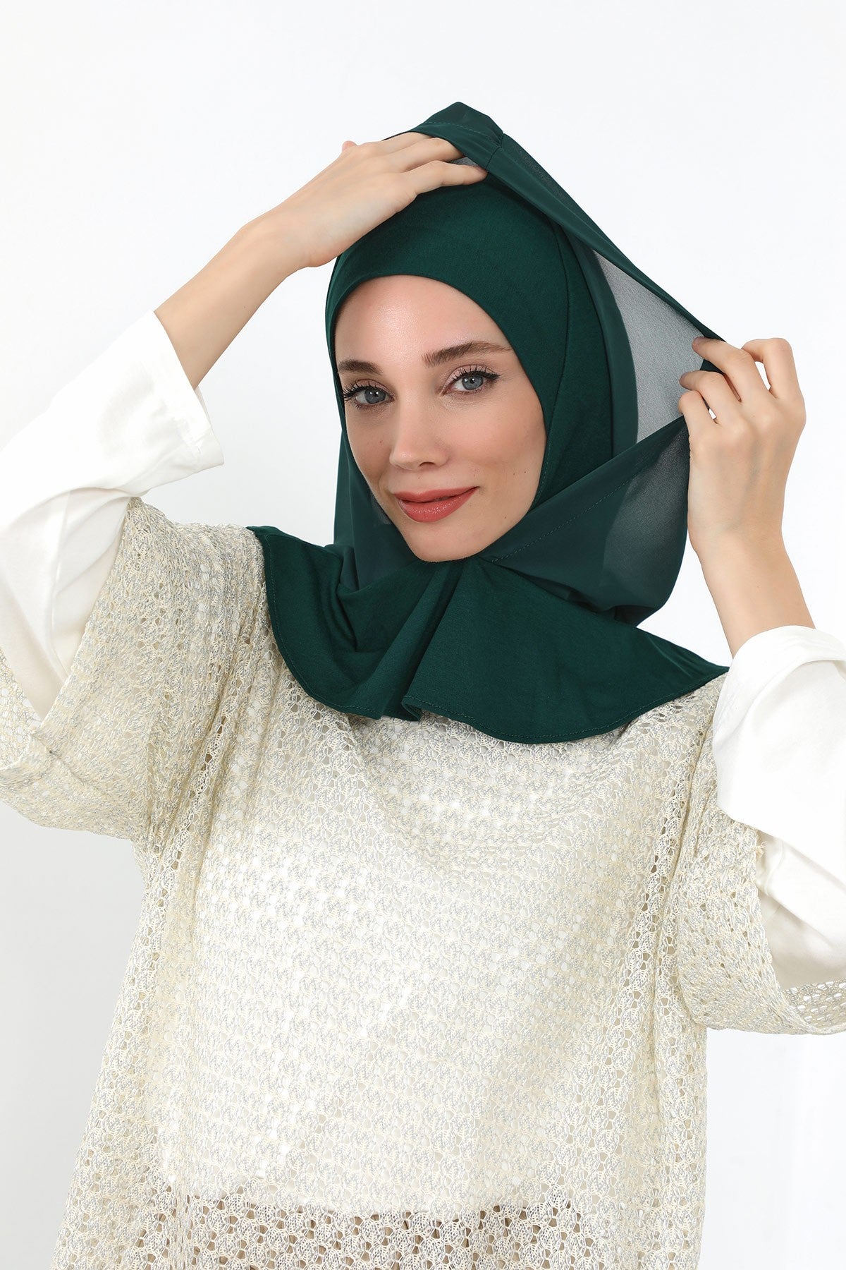 Neck-Covering Jersey Bonnet with Chiffon Hood, Full-Coverage Bonnet with Lightweight Chiffon Hood,B-95 Dark Green