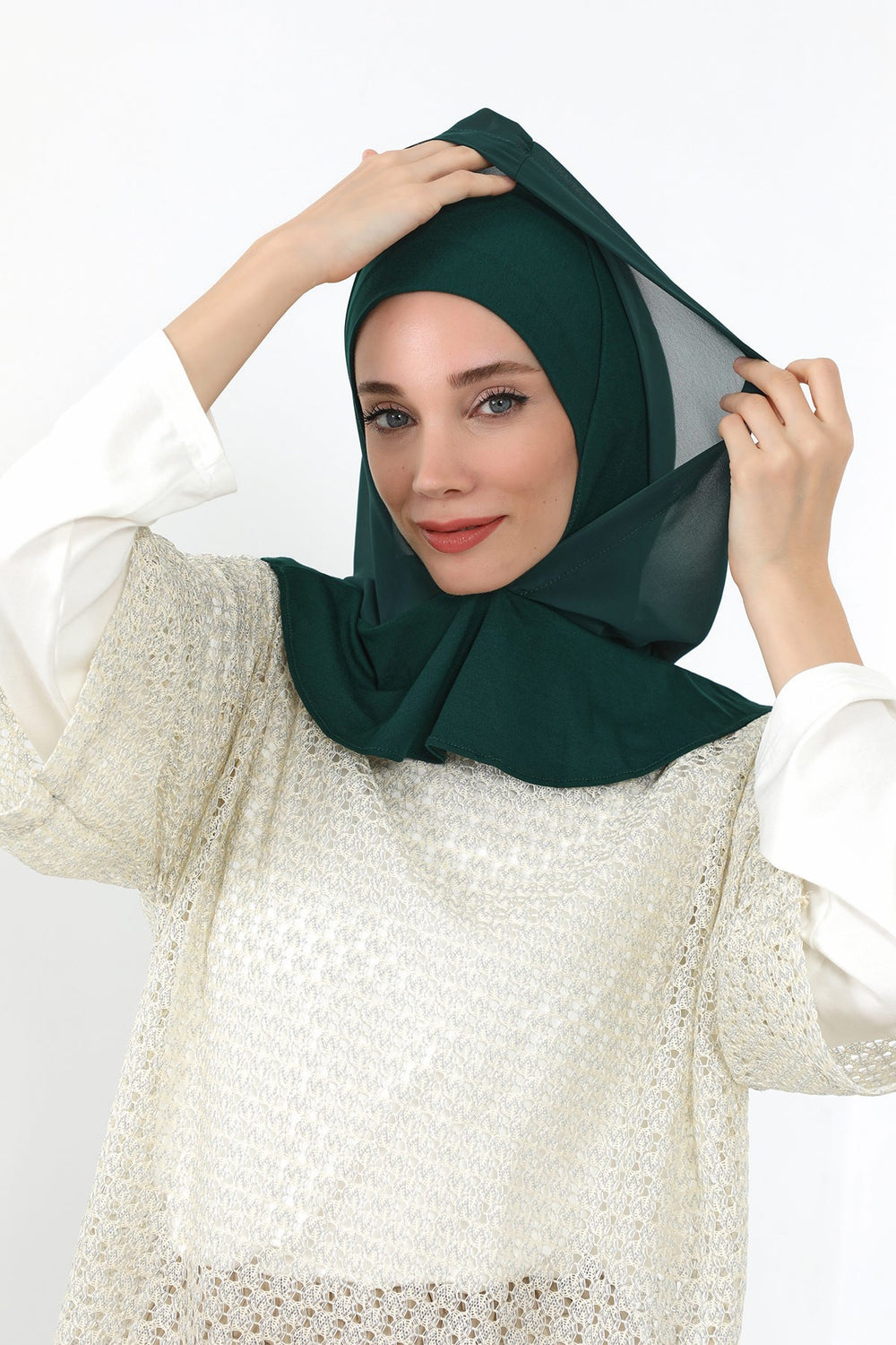 Neck-Covering Jersey Bonnet with Chiffon Hood, Full-Coverage Bonnet with Lightweight Chiffon Hood,B-95 Dark Green