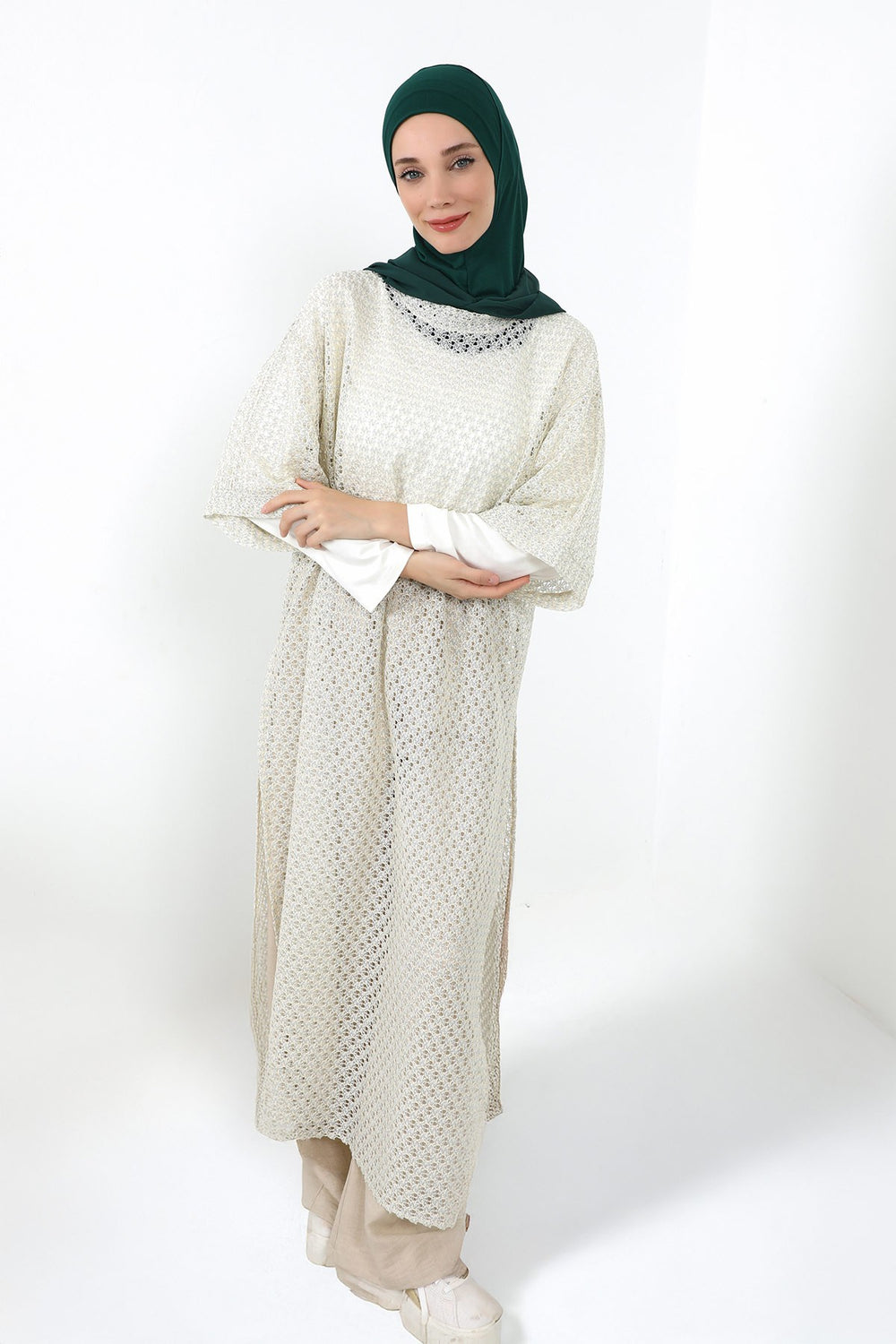 Neck-Covering Jersey Bonnet with Chiffon Hood, Full-Coverage Bonnet with Lightweight Chiffon Hood,B-95 Dark Green