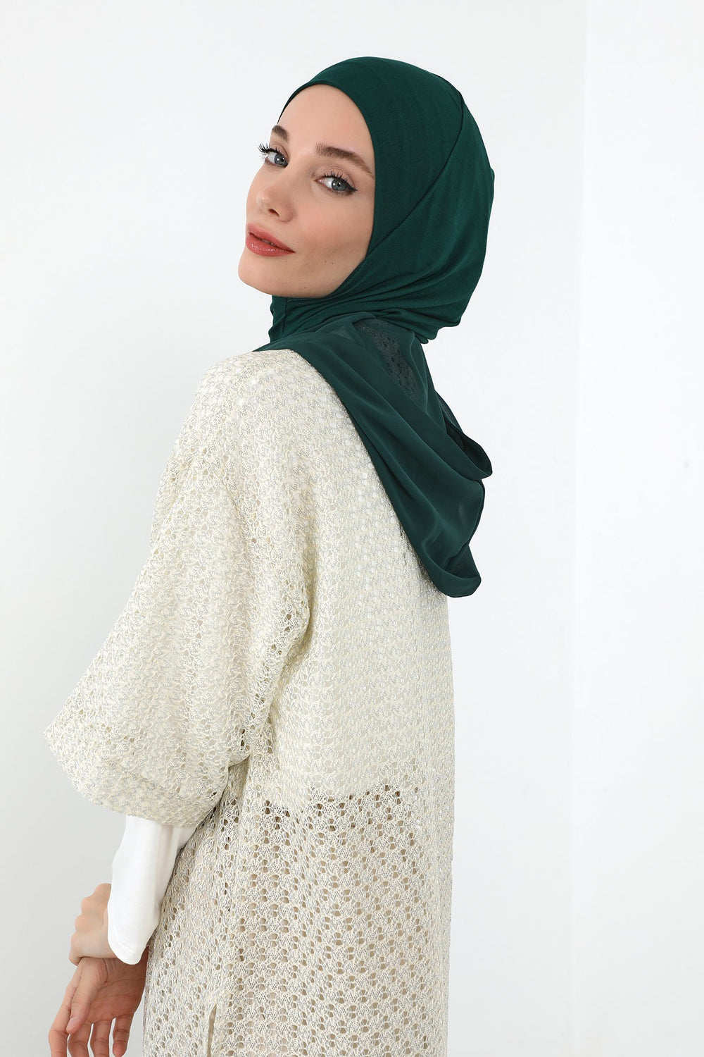 Neck-Covering Jersey Bonnet with Chiffon Hood, Full-Coverage Bonnet with Lightweight Chiffon Hood,B-95 Dark Green