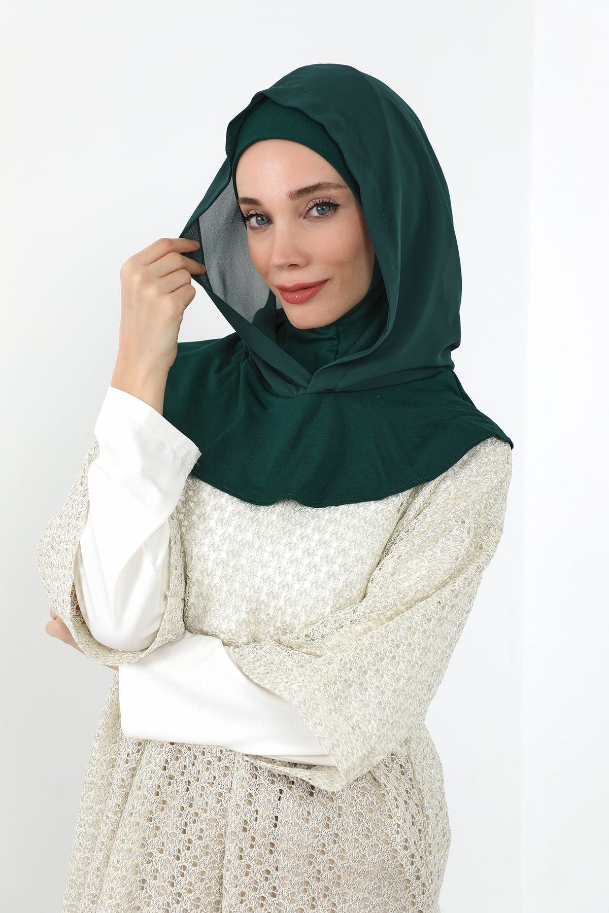 Neck-Covering Jersey Bonnet with Chiffon Hood, Full-Coverage Bonnet with Lightweight Chiffon Hood,B-95 Dark Green