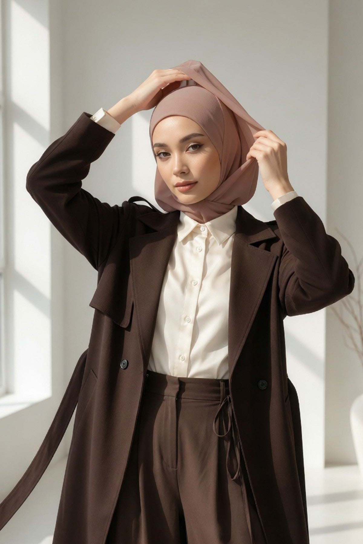 Neck-Covering Jersey Bonnet with Chiffon Hood, Full-Coverage Bonnet with Lightweight Chiffon Hood,B-95 Mink-Dark Mink