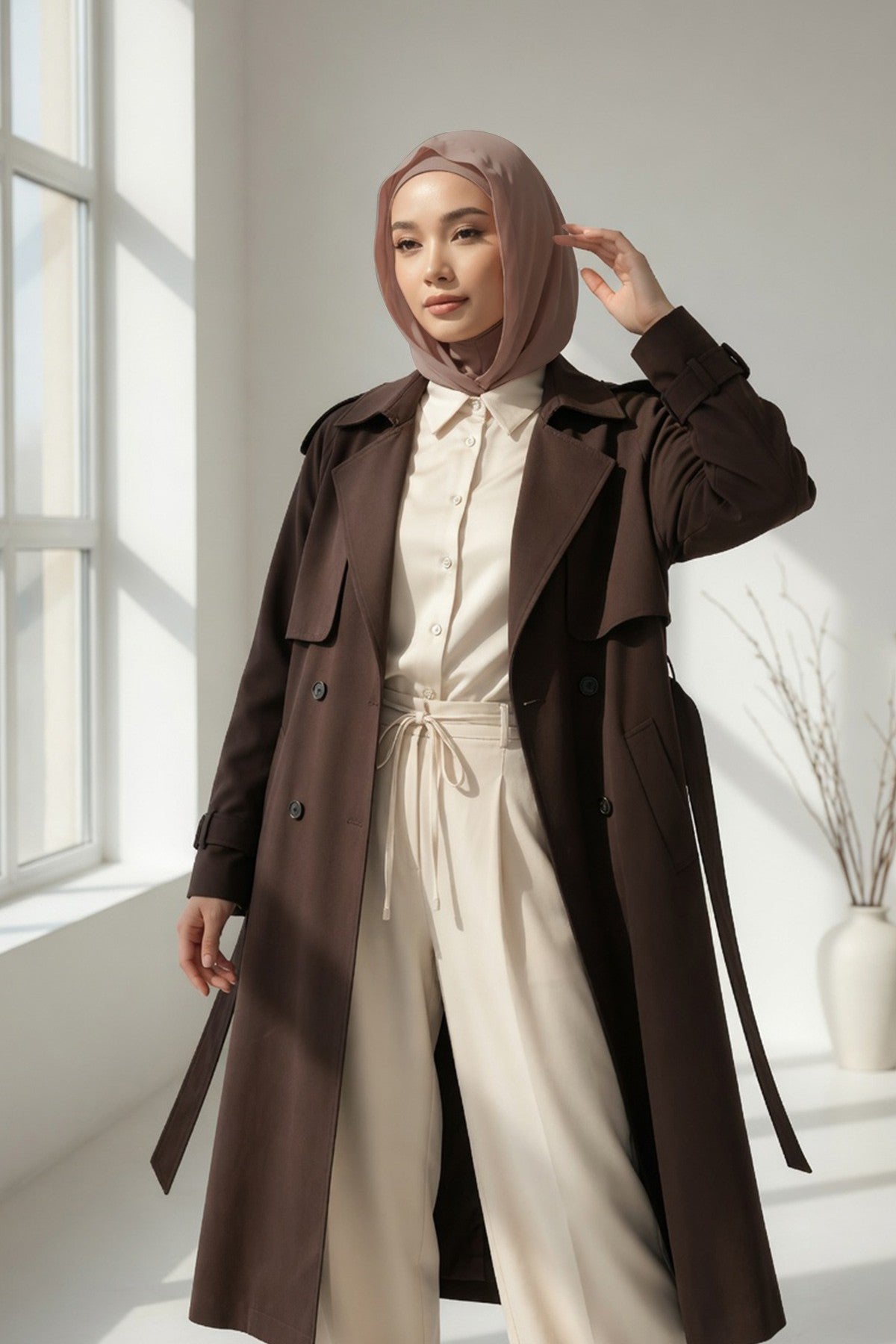 Neck-Covering Jersey Bonnet with Chiffon Hood, Full-Coverage Bonnet with Lightweight Chiffon Hood,B-95 Mink-Dark Mink