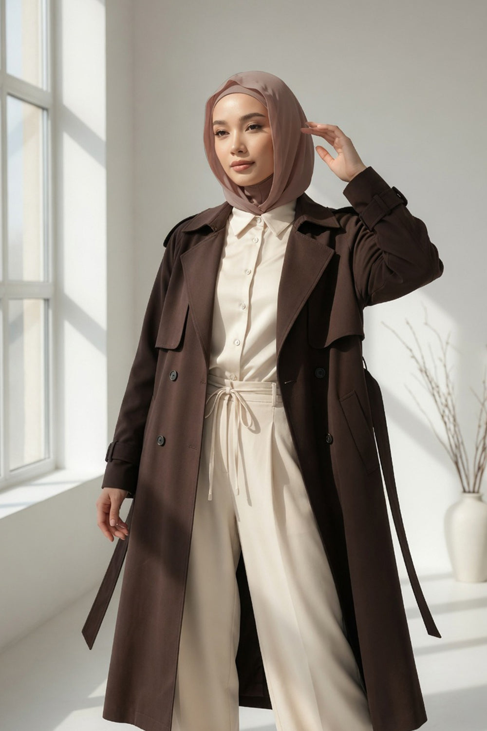 Neck-Covering Jersey Bonnet with Chiffon Hood, Full-Coverage Bonnet with Lightweight Chiffon Hood,B-95 Mink-Dark Mink