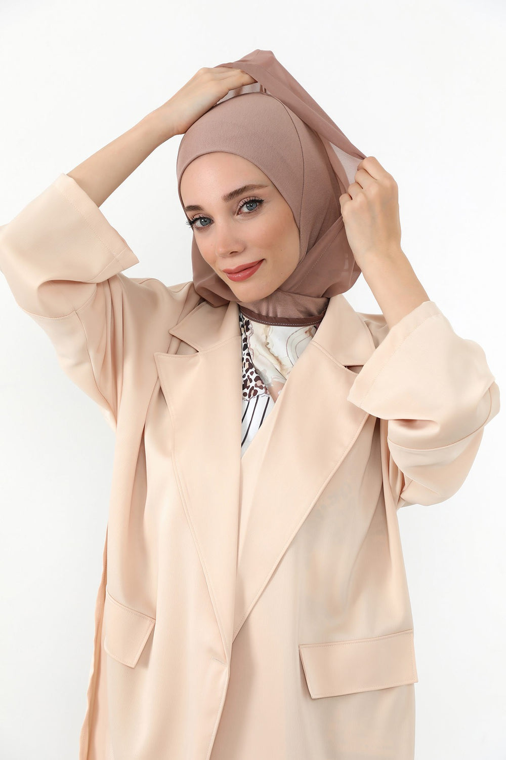 Neck-Covering Jersey Bonnet with Chiffon Hood, Full-Coverage Bonnet with Lightweight Chiffon Hood,B-95 Mink-Dark Mink