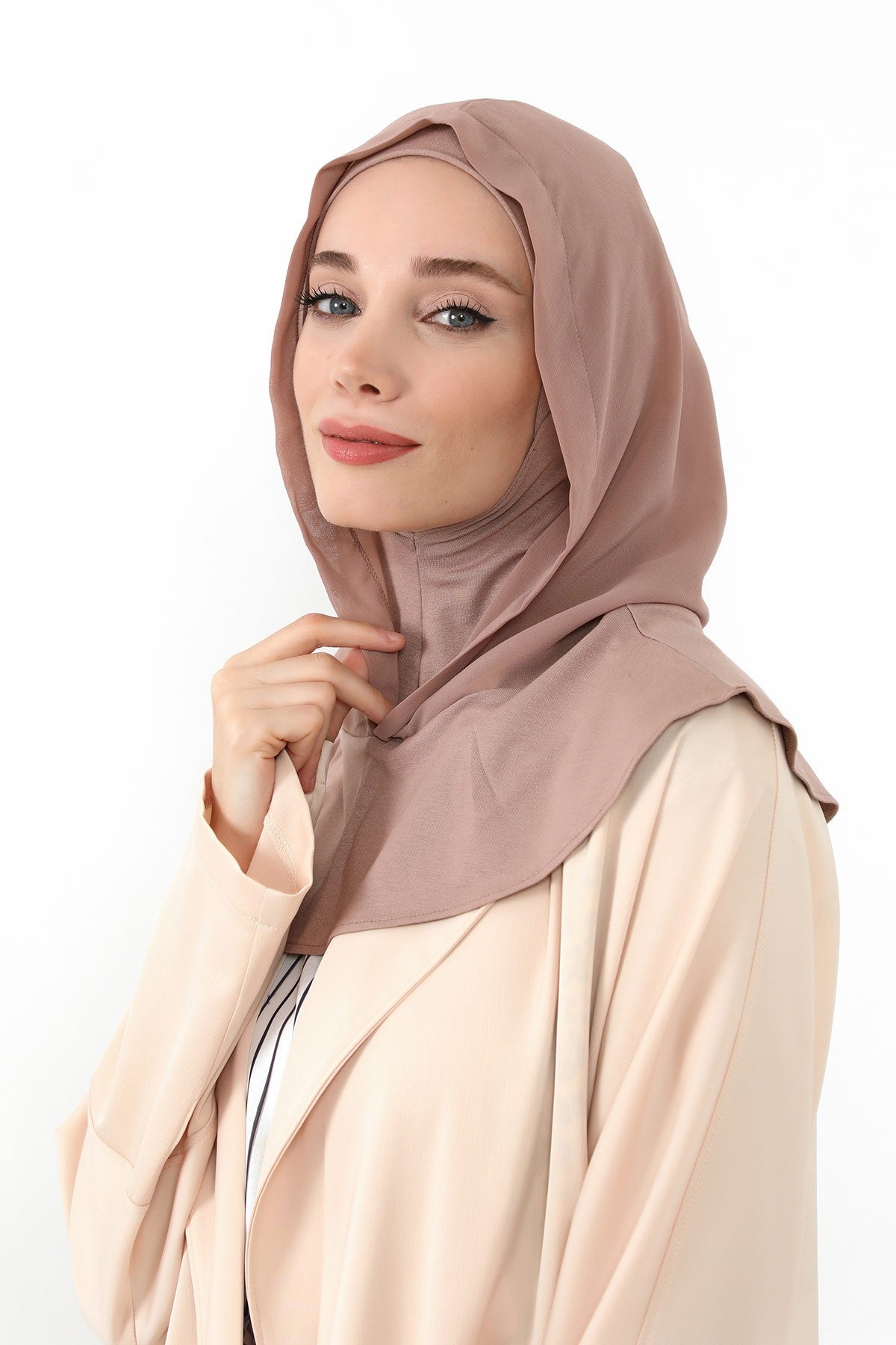 Neck-Covering Jersey Bonnet with Chiffon Hood, Full-Coverage Bonnet with Lightweight Chiffon Hood,B-95 Mink-Dark Mink