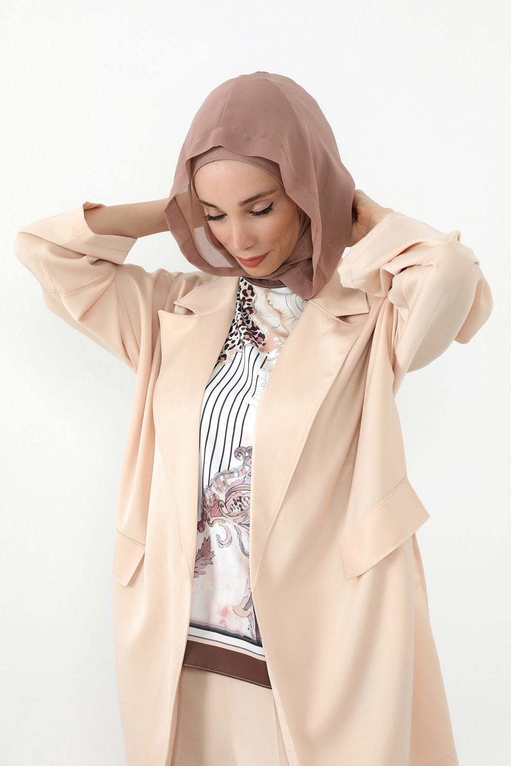 Neck-Covering Jersey Bonnet with Chiffon Hood, Full-Coverage Bonnet with Lightweight Chiffon Hood,B-95 Mink-Dark Mink