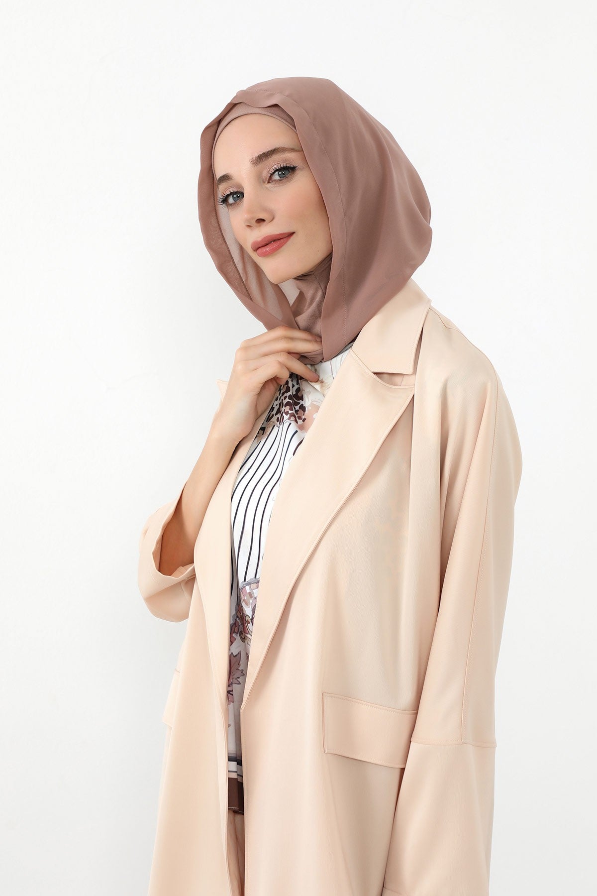Neck-Covering Jersey Bonnet with Chiffon Hood, Full-Coverage Bonnet with Lightweight Chiffon Hood,B-95 Mink-Dark Mink