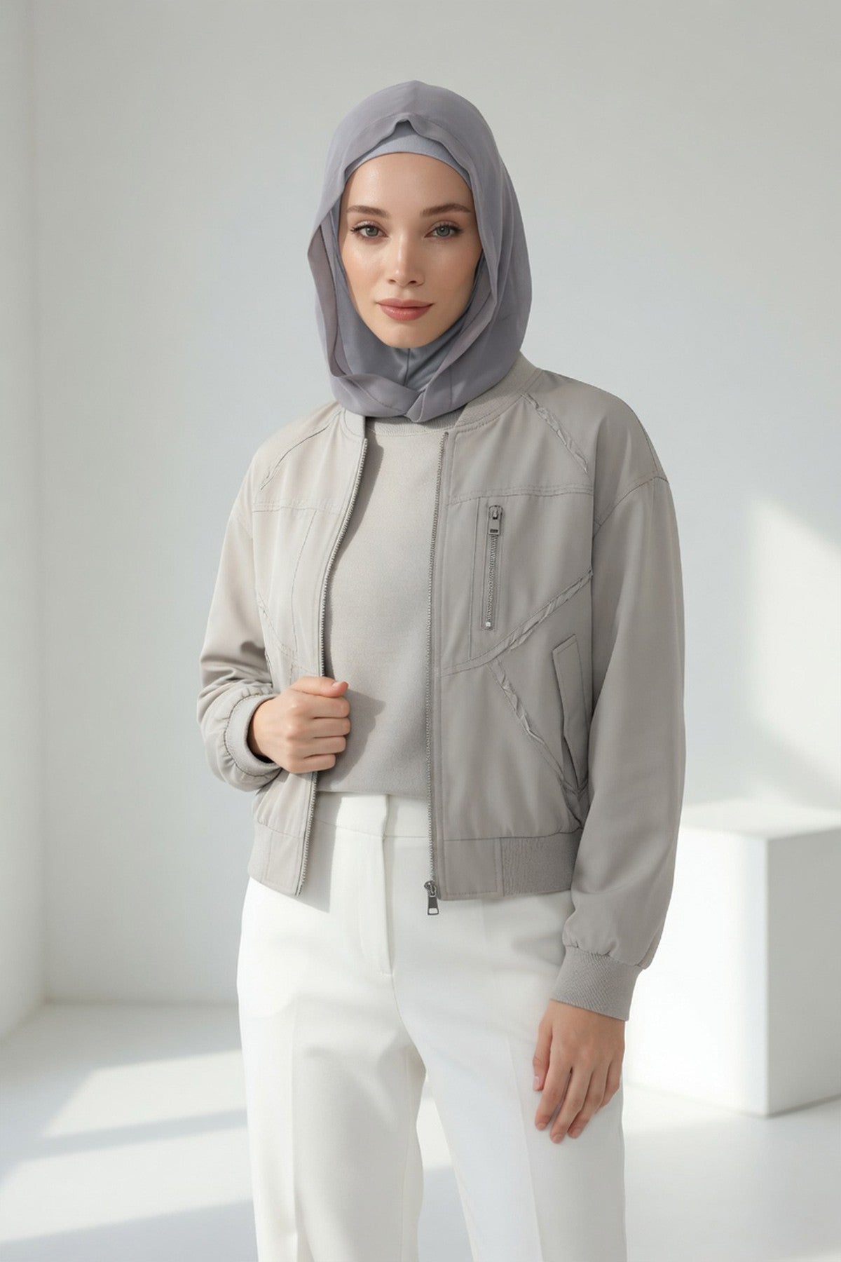 Neck-Covering Jersey Bonnet with Chiffon Hood, Full-Coverage Bonnet with Lightweight Chiffon Hood,B-95 Grey