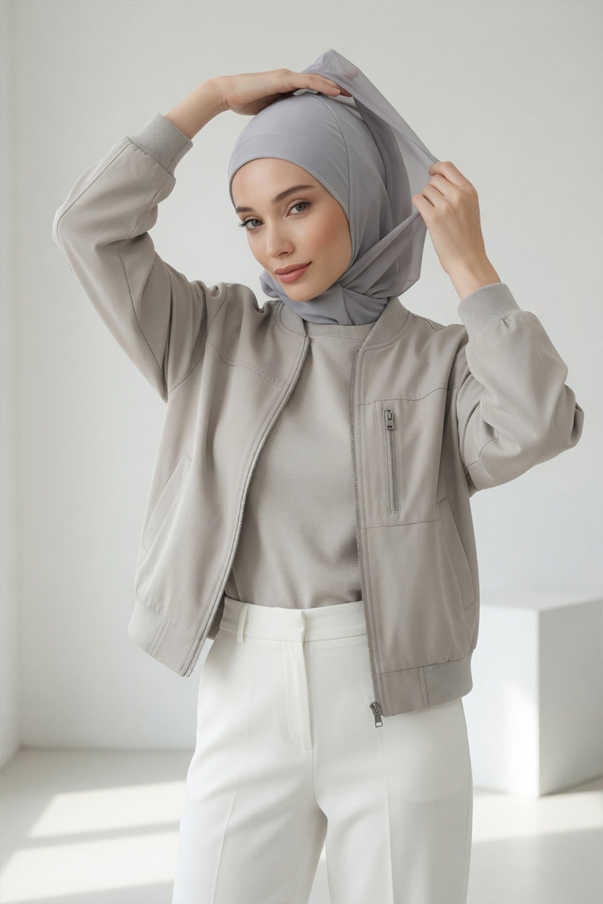 Neck-Covering Jersey Bonnet with Chiffon Hood, Full-Coverage Bonnet with Lightweight Chiffon Hood,B-95 Grey
