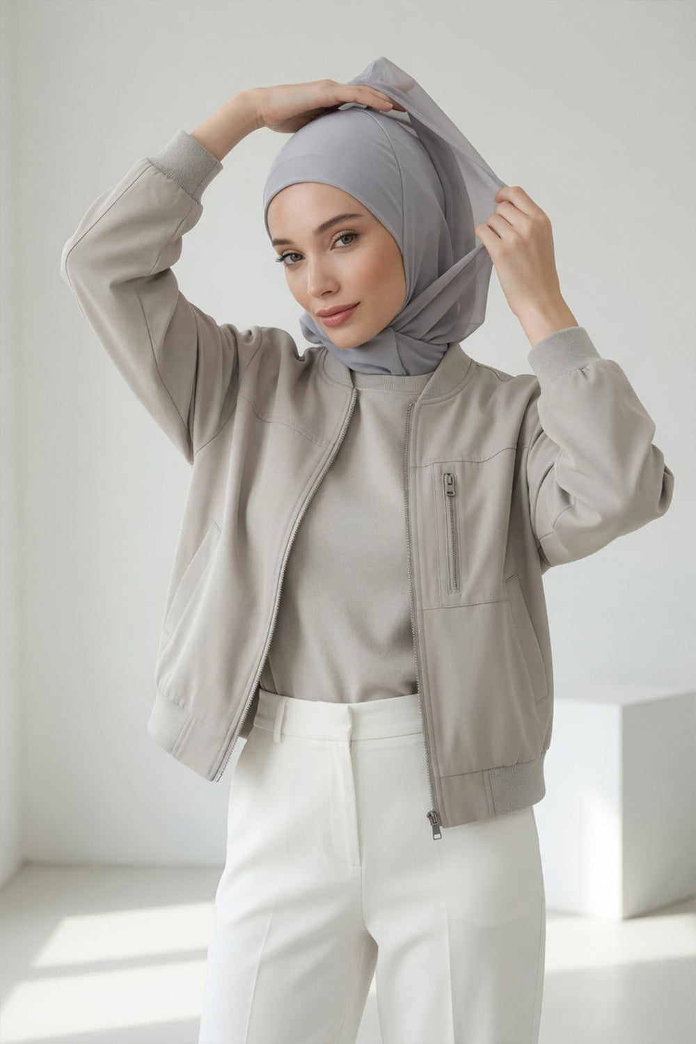 Neck-Covering Jersey Bonnet with Chiffon Hood, Full-Coverage Bonnet with Lightweight Chiffon Hood,B-95 Grey