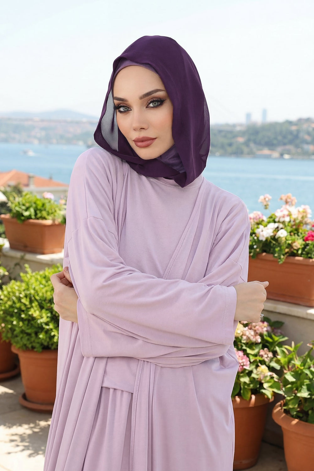 Neck-Covering Jersey Bonnet with Chiffon Hood, Full-Coverage Bonnet with Lightweight Chiffon Hood,B-95 Purple