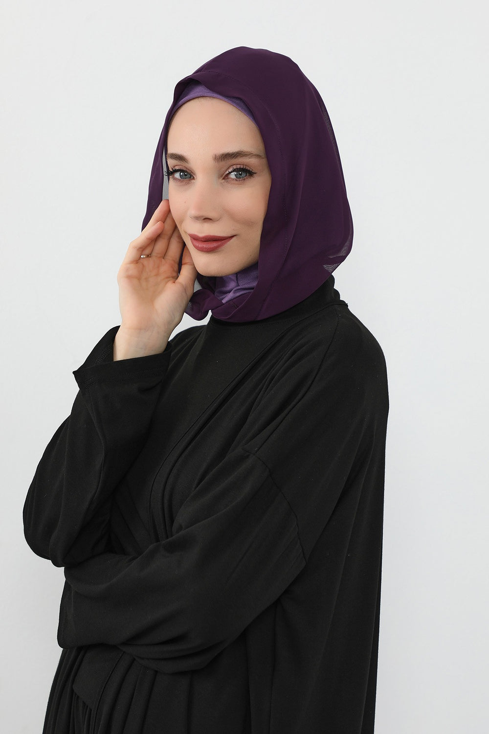 Neck-Covering Jersey Bonnet with Chiffon Hood, Full-Coverage Bonnet with Lightweight Chiffon Hood,B-95 Purple