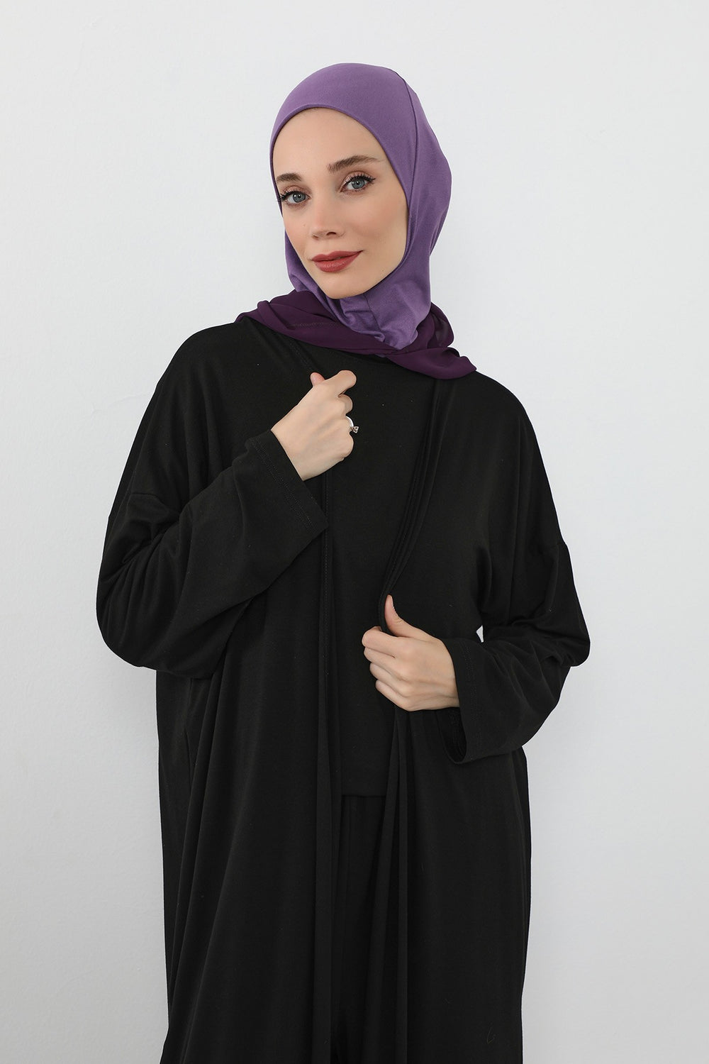 Neck-Covering Jersey Bonnet with Chiffon Hood, Full-Coverage Bonnet with Lightweight Chiffon Hood,B-95 Purple