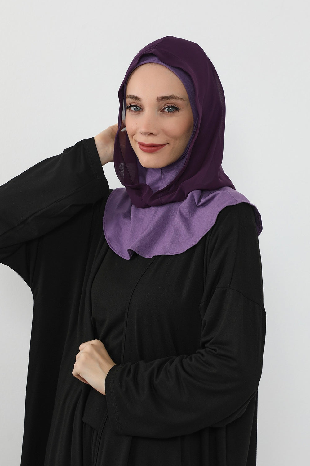 Neck-Covering Jersey Bonnet with Chiffon Hood, Full-Coverage Bonnet with Lightweight Chiffon Hood,B-95 Purple