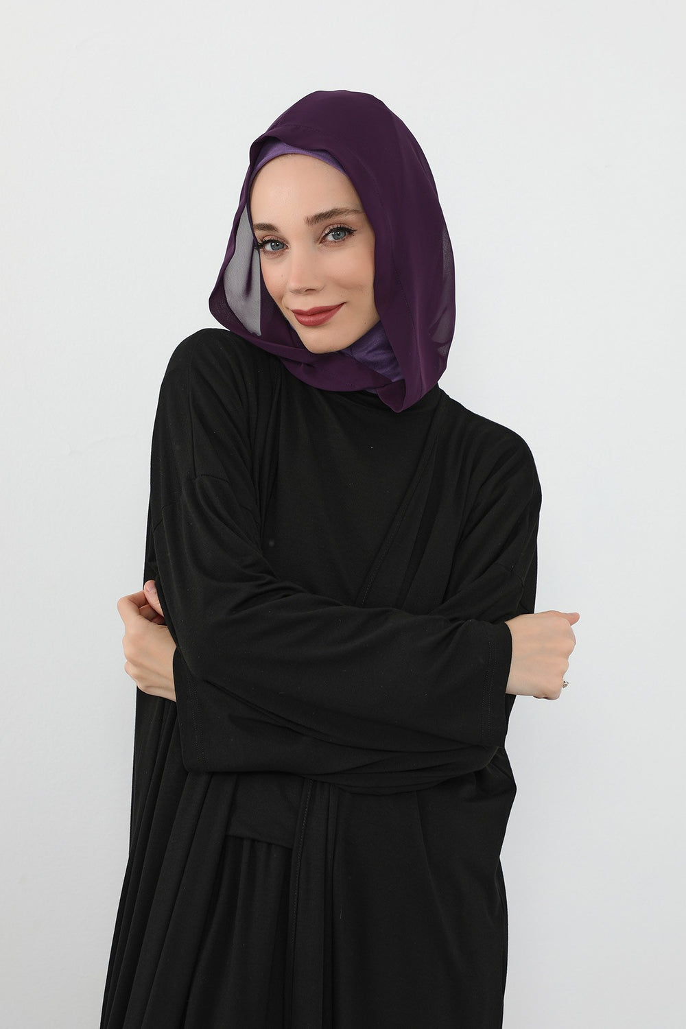 Neck-Covering Jersey Bonnet with Chiffon Hood, Full-Coverage Bonnet with Lightweight Chiffon Hood,B-95 Purple