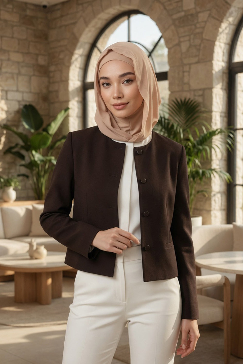 Neck-Covering Jersey Bonnet with Chiffon Hood, Full-Coverage Bonnet with Lightweight Chiffon Hood,B-95 Sand Brown