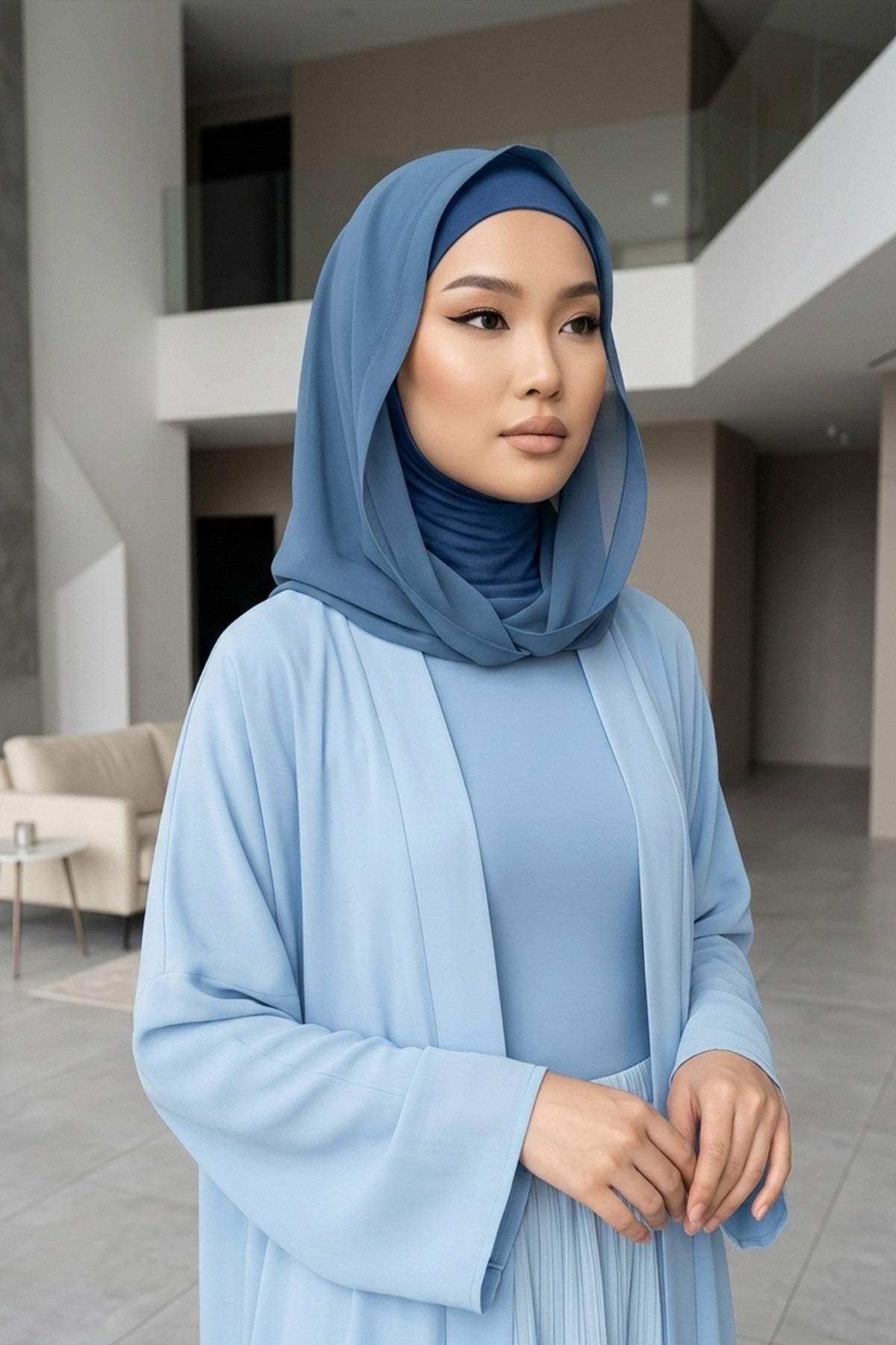 Neck-Covering Jersey Bonnet with Chiffon Hood, Full-Coverage Bonnet with Lightweight Chiffon Hood,B-95 İndigo